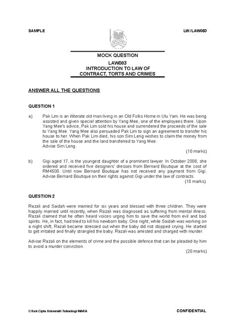 Mock Q - mock questions - SAMPLE 2 LW//LAW MOCK QUESTION LAW ...