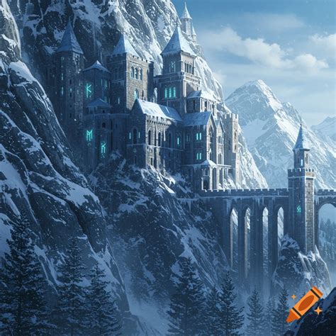 A majestic fantasy castle built into a snowy mountain with glowing blue ...