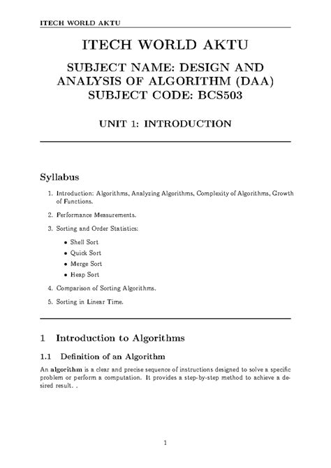 Unit 1 - Introduction to Design and Analysis of Algorithms (DAA) - Studocu