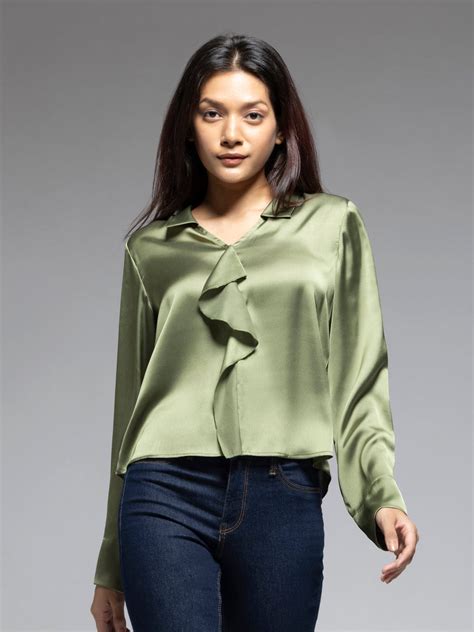 Buy Green Solid Spread Collar Full Cuff Sleeves Top Online – Shaye India