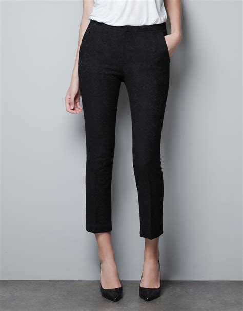 Zara Cropped Jacquard Trousers in Black | Lyst