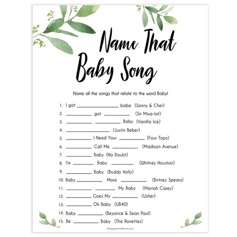 Name That Baby Song - Botanical Baby Shower Games – OhHappyPrintables