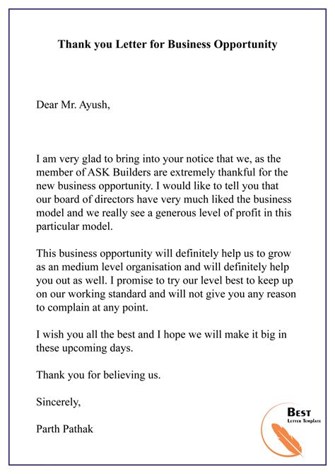 Sample Thank You Letter Template for Business Partnership
