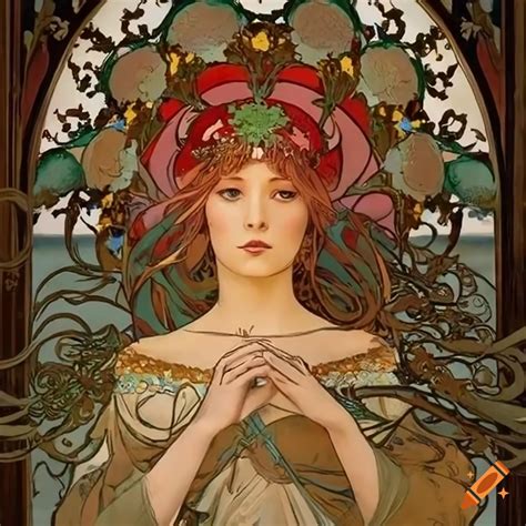 Ethereal beauty of a mystical forest scene painted by mucha on Craiyon