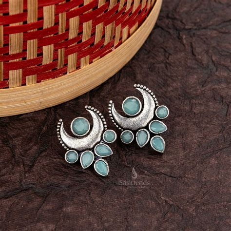 Elegant Crescent Oxidised Trendy Earrings with Stones - Sasitrends