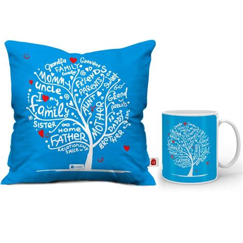 Buy Indigifts Family Love Tree Blue Cushion & Mug Online