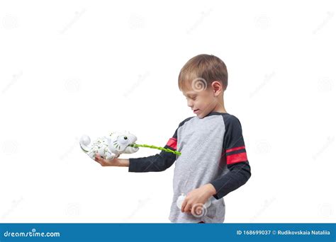 Infatuated Child Boy Playing Plastic Toy Lizard Robot with a Remote ...