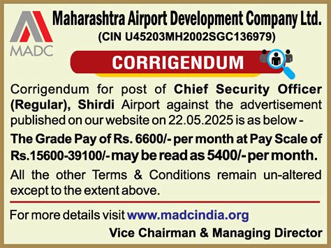 Chief Security Officer job vacancy at Maharashtra Airport Development Co. Ltd.