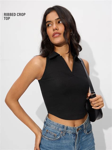 Buy Solids: Sleek Black Women Cropped Polos Online
