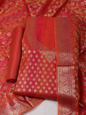 Buy MEENA BAZAAR Woven Rust Chanderi Unstitched Kurta with Bottom and ...