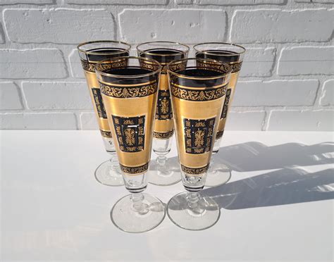Mid Century Libbey Pilsner Glassware 1960s Black and Gold Tall Pilsner ...