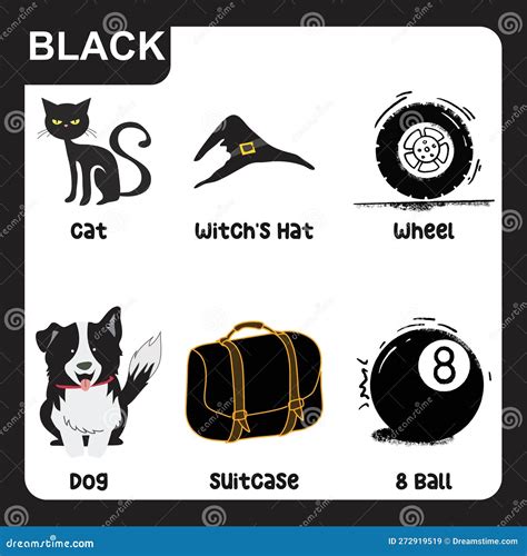 Set of Black Color Objects. Primary Colours Flashcard with Black Elements Stock Vector ...