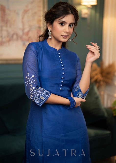 Beautiful Royal Blue Chanderi Kurta With Silver Embroidery On Sleeves ...