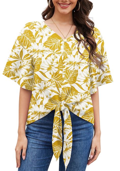 Uvplove Womens Tie Front Blouses V Neck Short Sleeve Chiffon Tops ...
