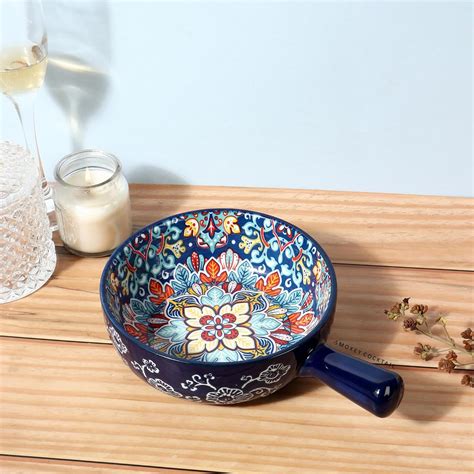 SMOKEY COCKTAIL Blue Round Ceramic Serving Bowl with Handle for Soup ...