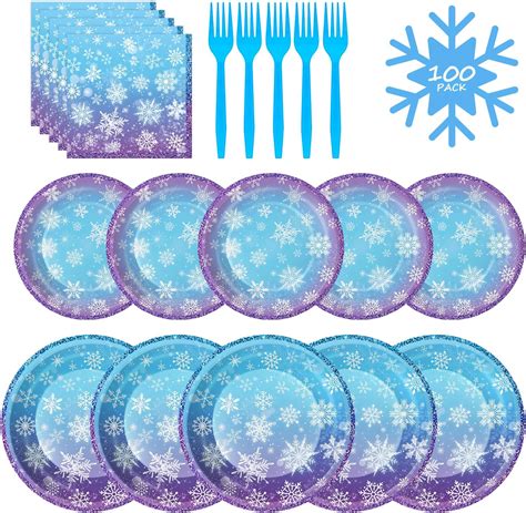 Amazon.com: 100 Pcs Frozen Plates and Napkins Sets - Snowflake Round ...