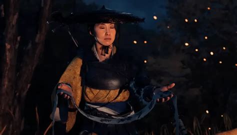 Player character Atsu looks down over a beautiful vista in Ghost of Yotei.