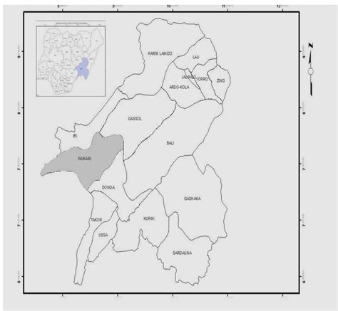 Map of taraba state showing the sixteen local government