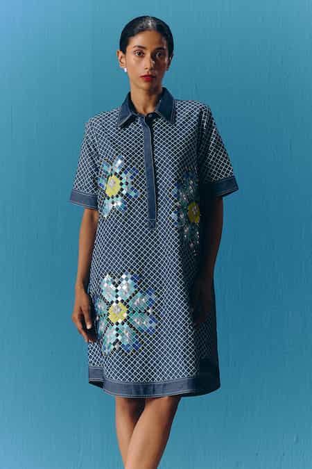 Buy Blue Denim Embroidery Collared Hand Shirt Dress For Women by Pooja ...