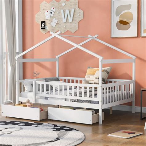 Amazon.com: Polibi Full Size Wooden House Bed with Two Drawers,House ...