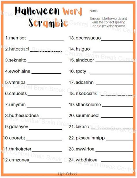 High School Halloween Word Scramble Worksheet With Answer Key ...