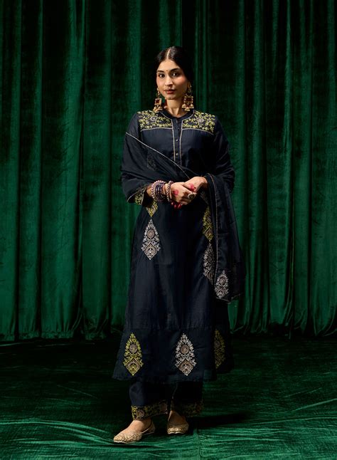 Mahsira Navy Embroidered Tencel Modal Suit Set with Dupatta – Lakshita