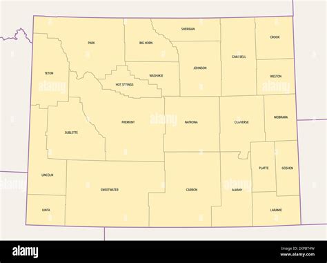 Wyoming, U.S. state, subdivided into 23 counties, political map with borders and county names ...