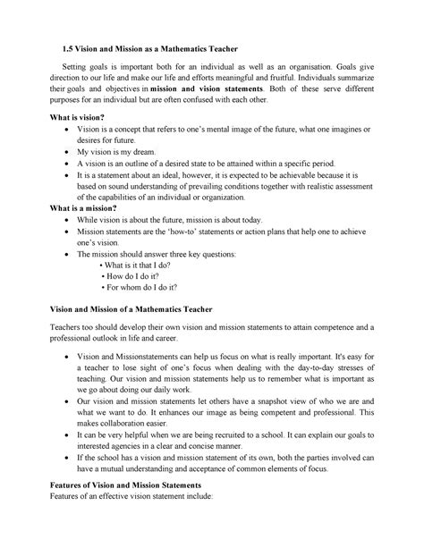 Vision and Mission as a Mathematics Teacher - Goals give direction to ...