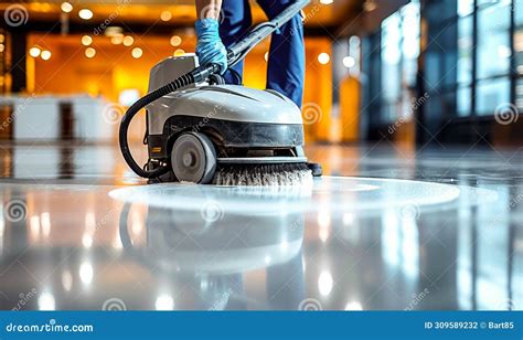 Professional Janitorial Staff Using An Industrial Floor Buffer Machine ...