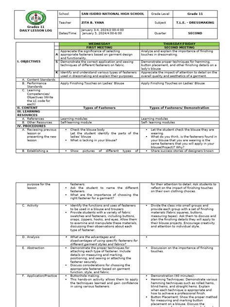 Image result for Sample Lesson Plan Dressmaking