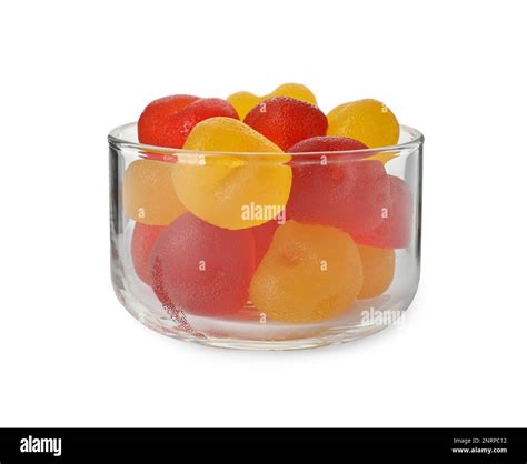 Delicious gummy fruit shaped candies in bowl isolated on white Stock ...