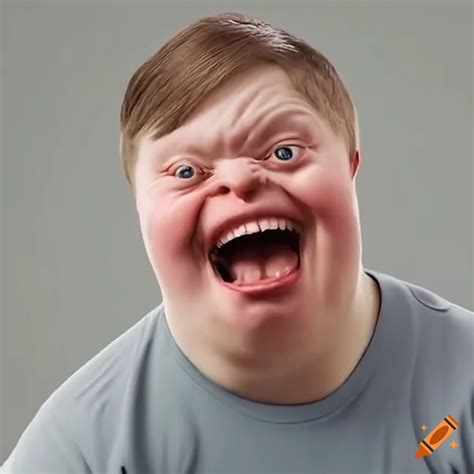 Man with down syndrome laughing in a fit of rage on Craiyon