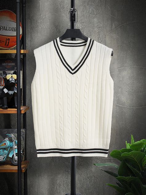 White Preppy Sleeveless Acrylic Striped Pullovers Slight Stretch Fall ...