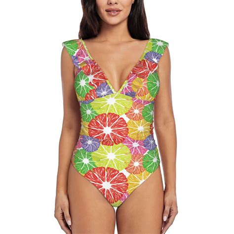 One Piece Swimsuits Women Tummy Control, Colorful Lemon Bathing Suit V ...