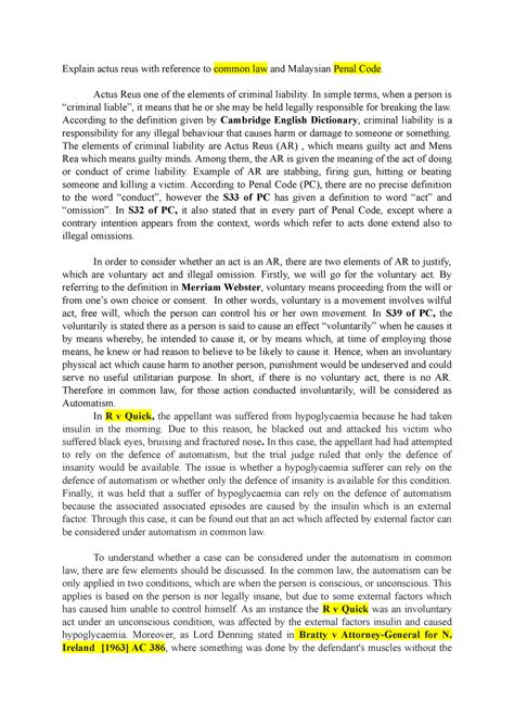 Actus Reus - Explain actus reus with reference to common law and ...