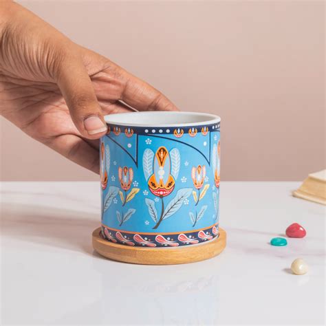 Cerulean Leaf Bloom Planter With Wooden Coaster