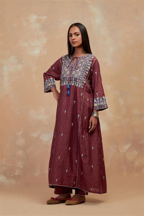 Deep berry silk hand block printed A-line long kurta set with all-over ...