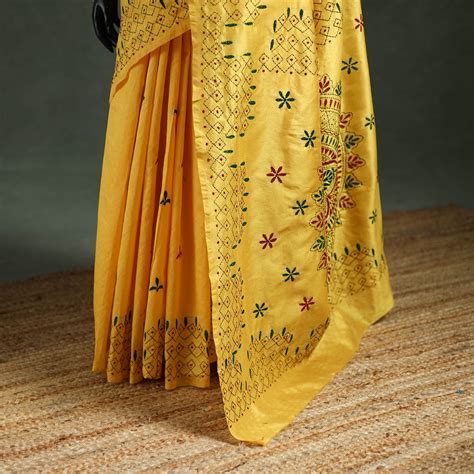 Yellow Bengal Nakshi Kantha Hand Embroidered Silk Saree