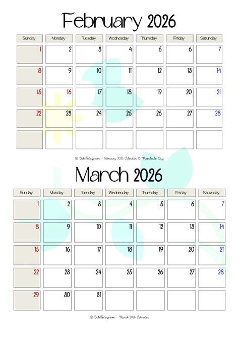 February March 2026 Calendar Printable PDF - 2 Month Calendar