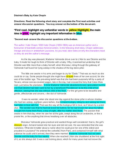 Désirée's Baby completed - Désirée's Baby by Kate Chopin Directions ...