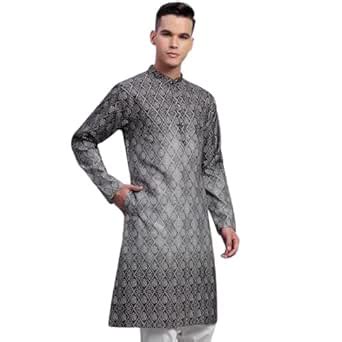 Buy Dmore Men's Ethnic Wear Kurta Grey & White Bandhani Print Long ...