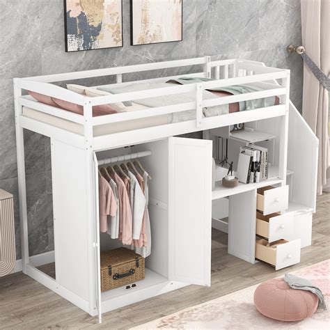 Amazon.com: Harper & Bright Designs Twin Loft Bed with Stairs and Wardrobe, Wooden Twin Size ...