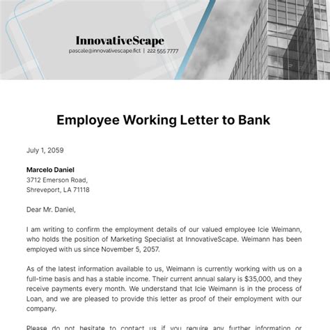 Free Employee Working Letter to Bank Template to Edit Online - employees of bank