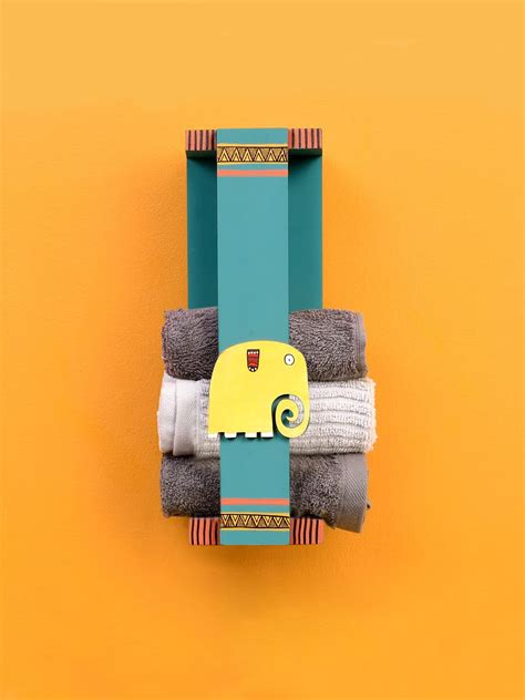 Shilpkara 'Happy Elephant' Handcrafted Wall Mounted Wooden Towel Rack ...