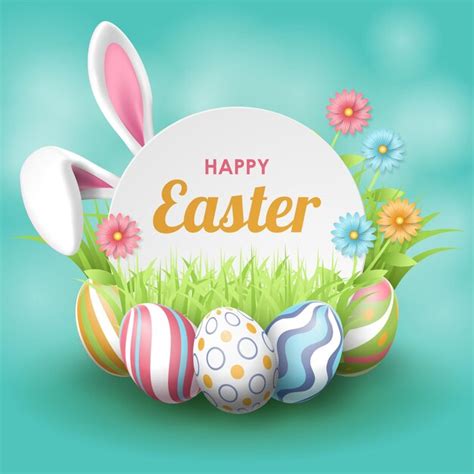 Happy easter banner template with easter eggs grass and bunny ear ...
