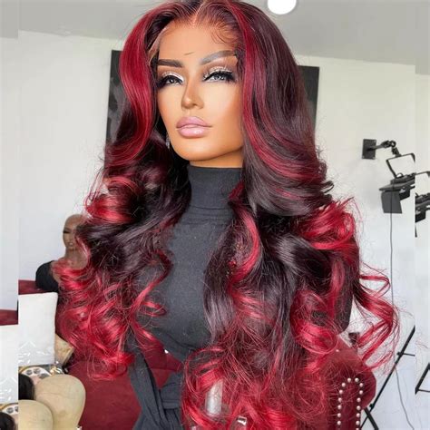 Buy Ombre Highlight 99J/ Red Color Transparent Lace Frontal 100% Human ...