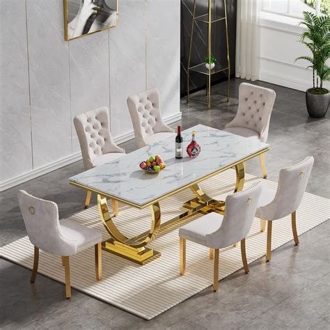 Amazon.com - Nimaolt 7 Piece Marble Dining Table Set, Modern Gold Kitchen Dining Room Table Set ...