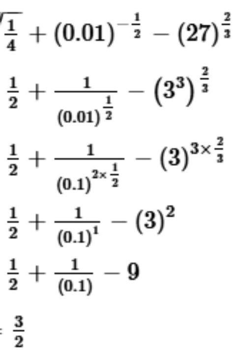 simplify √1/4 + √0.01 -(27)^2/3 - Brainly.in