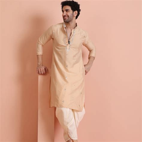 Beige Silk Blend Mirror Work Kurta Dhoti – Kisah