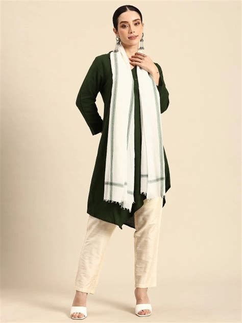 Handwoven off-white cotton scarf with green stripe on both sides and b ...